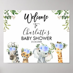 Boys Blue Safari Blommigt Baby Shower Välkommen Po Poster