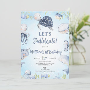 Boys Blue Sea Turtle Lets Shellebrate 1:a födelsed Inbjudningar