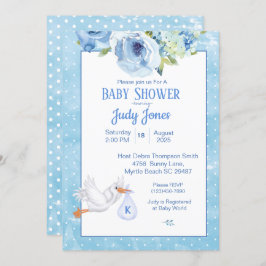 Boys Blue Stork Monogram Blommigt Baby Shower Inbjudningar
