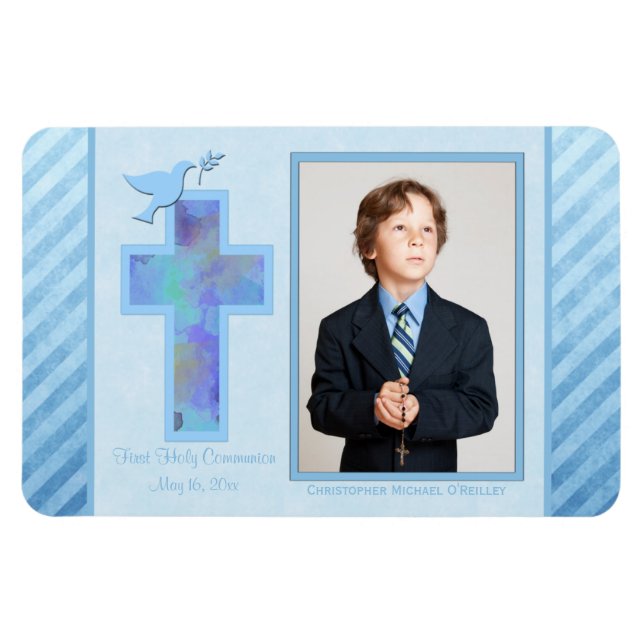 Boys Blue Stripe 1:a Heligan Communion Photo Magne Magnet (Horisontell)