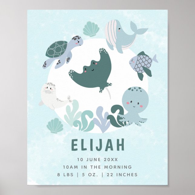 Boys Blue under Sea Birth Stats Nursery Poster (Framsidan)
