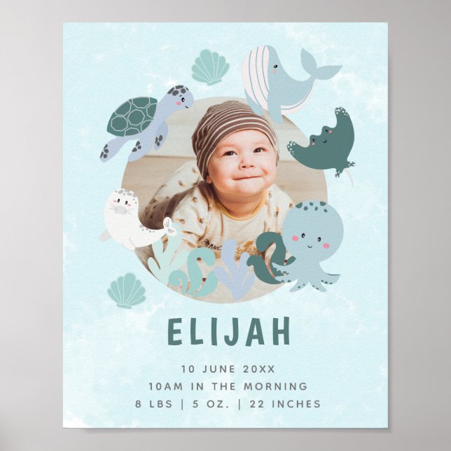 Boys Blue under Sea Birth Stats Photo Nursery Poster (Framsidan)