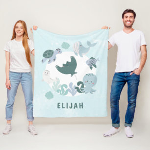 Boys Blue under Sea Ocean Animals Kids Ull Fleecefilt