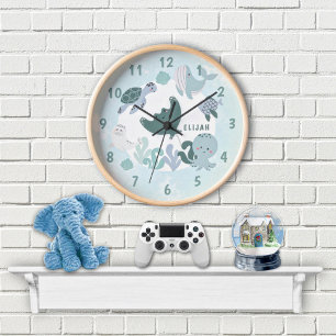 Boys Blue under Sea Ocean Animals & Namn Kids Rund Klocka