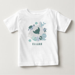 Boys Blue under Sea Ocean Animals WIth Namn T Shirt