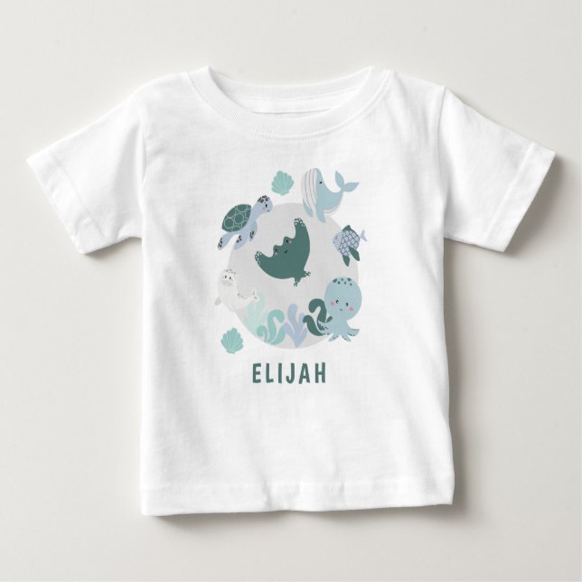 Boys Blue under Sea Ocean Animals WIth Namn T Shirt (Framsida)