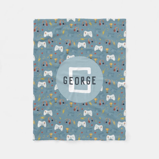 Boys Blue Video Game Kids Coola Monogram Fleecefilt (Framsidan)