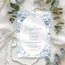 Boys Blue Vintage Blommigt Toile Baptism Inbjudningar