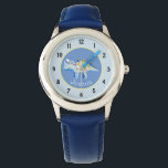 Boys Blue Watercolor Dinosaur och Namn Kids Armbandsur<br><div class="desc">Den här söta och visuella designen har en handmålad blåfärgad och guld vattenfärgad dinosaurer med blå bakgrund och kan vara personlig med pojkens namn. Perfekt för alla dinosaurer som älskar barn första klocka. Kolla in vår butik för andra fantastiska utformningar!</div>