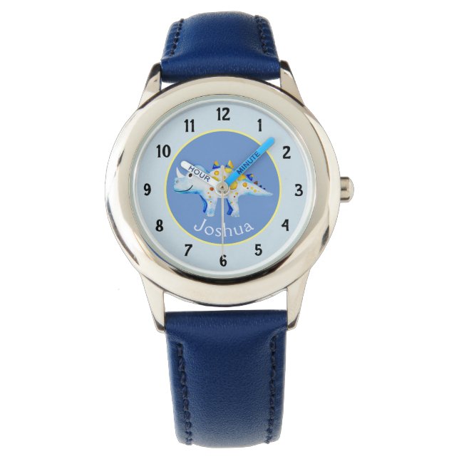 Boys Blue Watercolor Dinosaur och Namn Kids Armbandsur (Framsida)