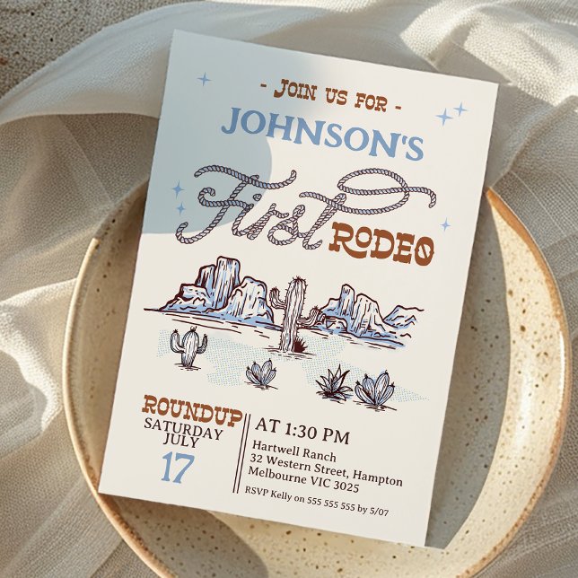 Boys Blue Western Desert First Rodeo 1:a födelseda Inbjudningar (Boys Retro First Rodeo 1st Birthday Invitation, First Rodeo Birthday Invitation, Cowboy Western )