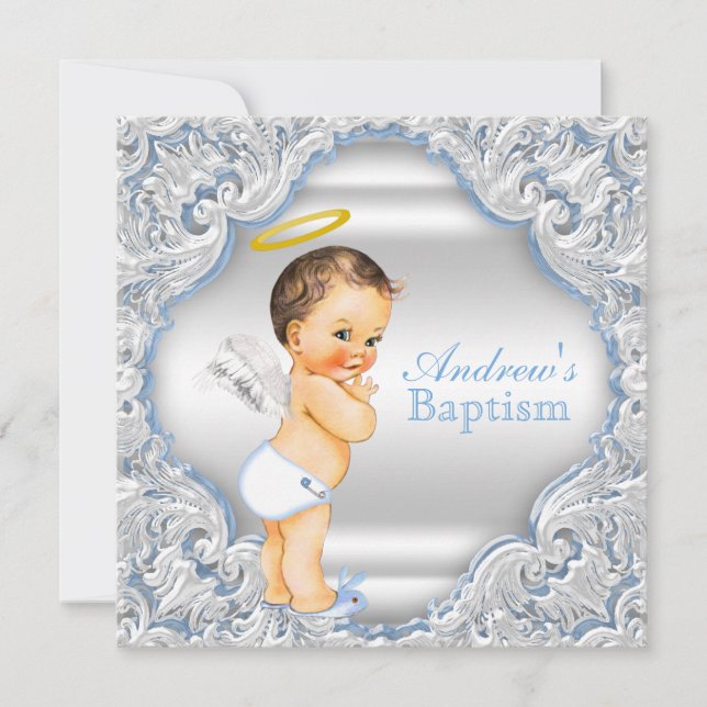 Boys Blue White Angel Boy Baby Baptism Inbjudningar (Framsida)