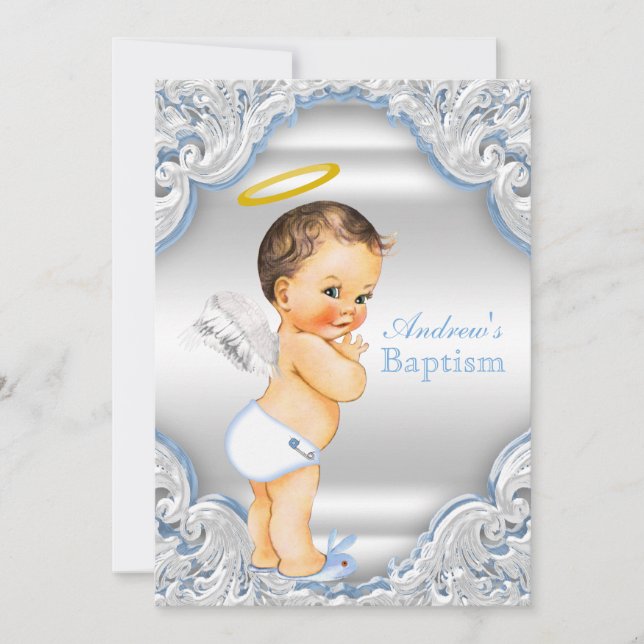 Boys Blue White Angel Boy Baby Baptism Inbjudningar (Framsida)