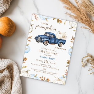 Boys Blue White Fall Pumpkin Lastbil Baby Shower Inbjudningar