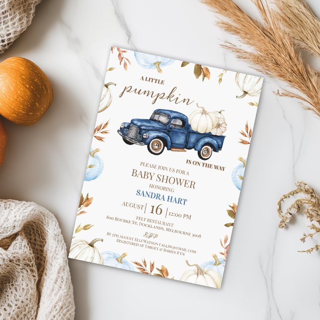 Boys Blue White Fall Pumpkin Lastbil Baby Shower Inbjudningar (Boys Little Pumpkin Baby Shower Invitation Template, Editable Fall Pumpkin Truck Baby Shower Invite)