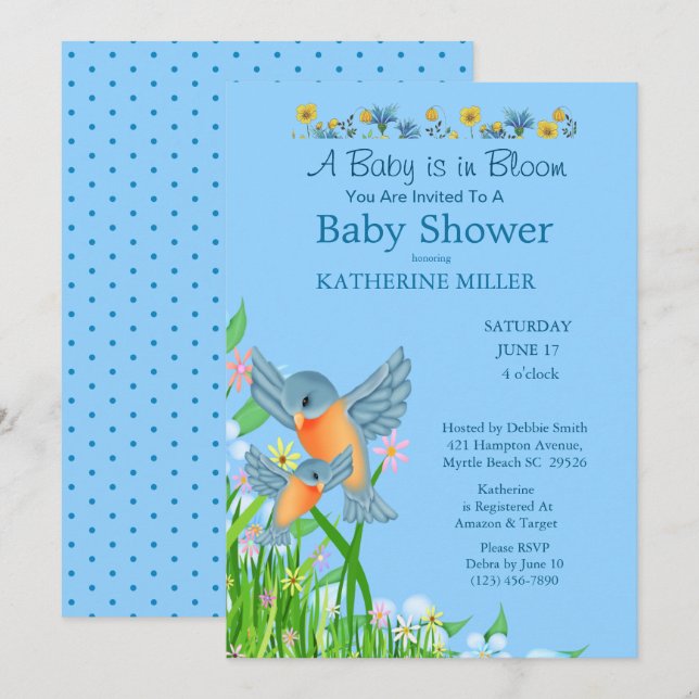Boys Bluebirds WildblomBaby Shower Inbjudningar (Fram/baksida)