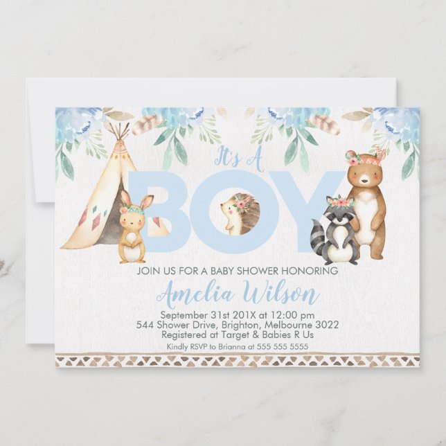 Boys Boho Woodland Baby Shower-inbjudan Inbjudningar (Framsida)