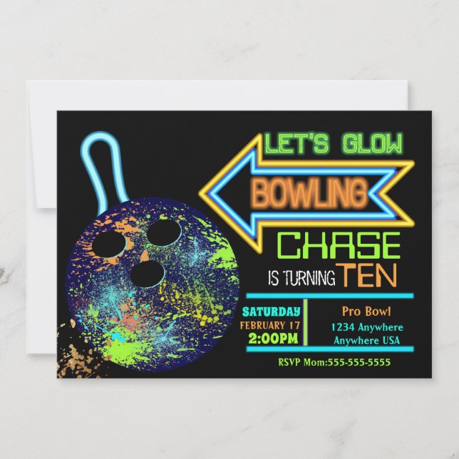 Boys Bowling party, Birthday Neon glow bowling Inbjudningar (Framsida)