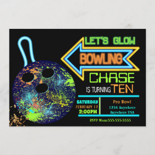 Boys Bowling party, Birthday Neon glow bowling Inbjudningar