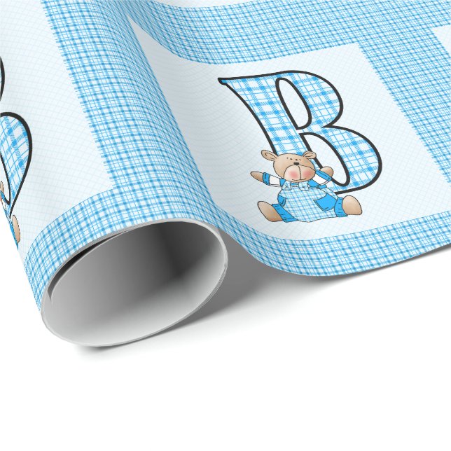 Boys Brev 'B' med Nalle och Blue Gingham Presentpapper (Rullad Hörn)