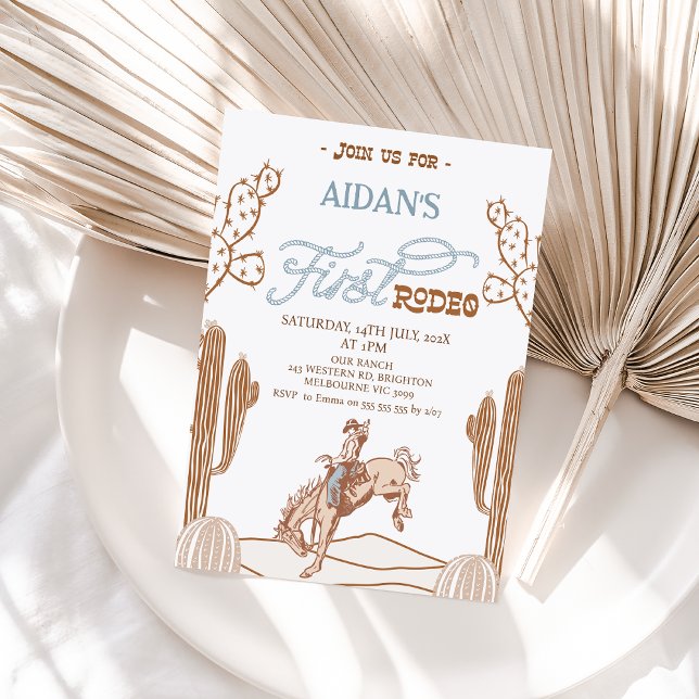 Boys Bronco First Rodeo 1:a födelsedagsinbjudan Inbjudningar (First Rodeo 1st Birthday Invitation Boy, Cowboy, Bronco, Wild West, Western Southern Country, Horse)