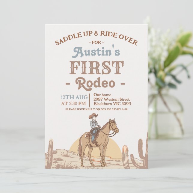 Boys Brown Western Cowboy First Rodeo 1st Birthday Inbjudningar (Stående Fram)