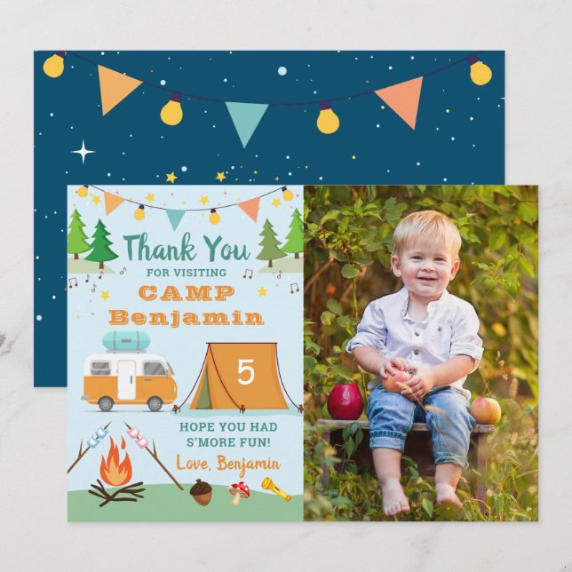 Boys Camping Birthday Camp Party Photo Tack Kort (Fram/baksida)