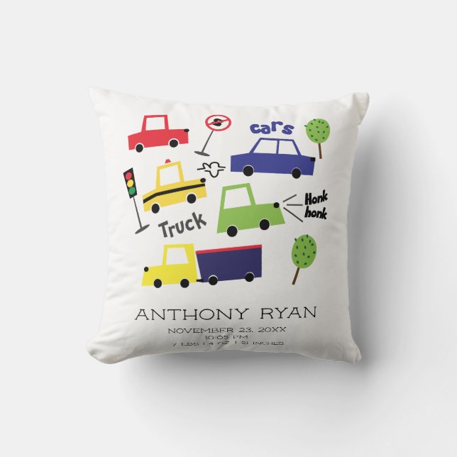 Boys Cars & Lastbilar Baby Birth Stats Pillow Kudde (Framsida)