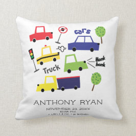 Boys Cars & Lastbilar Baby Birth Stats Pillow Kudde
