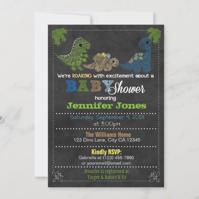 Boys Chalkboard Dinosaur Baby Shower-inbjudningar Inbjudningar (Framsida)