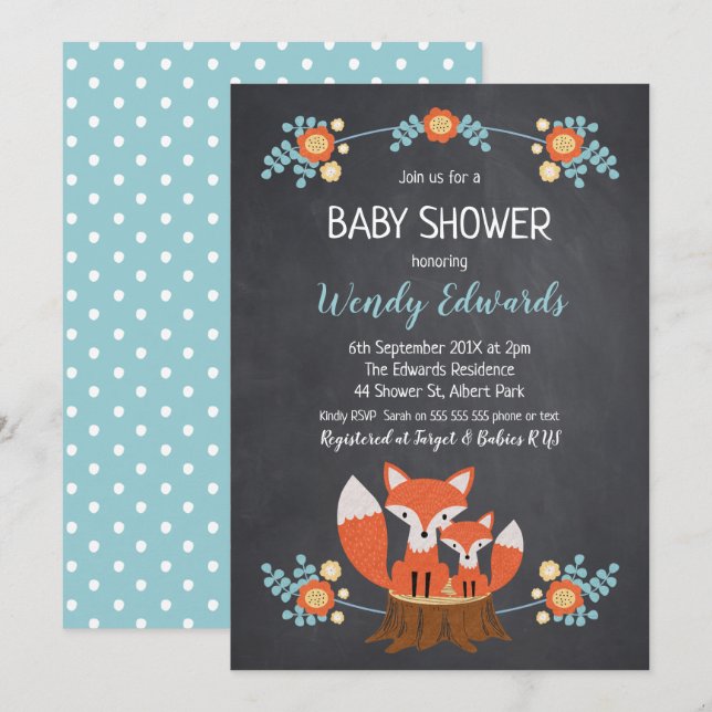 Boys Chalkboard Fox Baby Shower-inbjudan Inbjudningar (Fram/baksida)