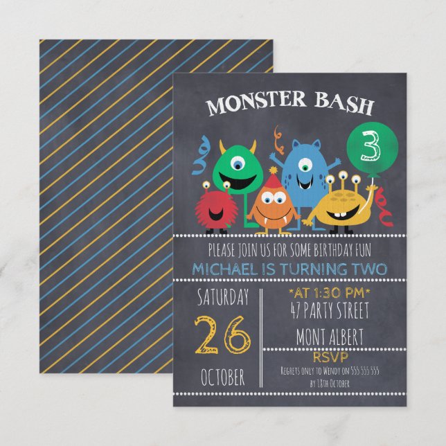 Boys Chalkboard Monster Bash Birthday-inbjudan Inbjudningar (Fram/baksida)