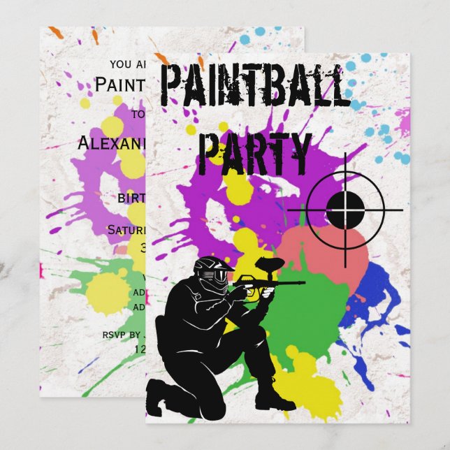 Boys Colorful Paintball 10:e Födelsedagsfesten Inbjudningar (Fram/baksida)