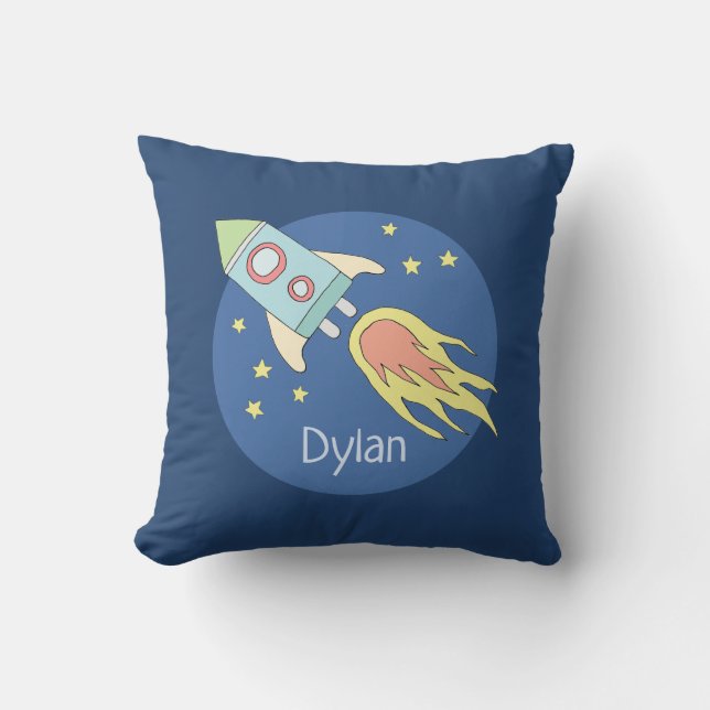 Boys Colorful Rocket Frakt Space och Namn Kids Kudde (Framsida)