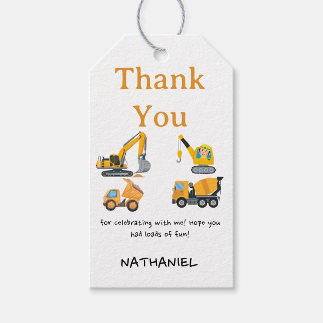 Boys Construction Birthday Party Theme Presentetikett (Framsidan)