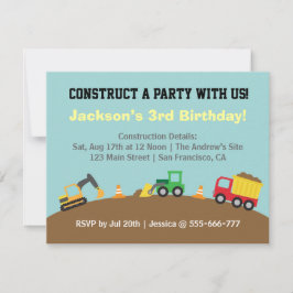 Boys Construction Fordon Theme Födelsedagsfest Inbjudningar