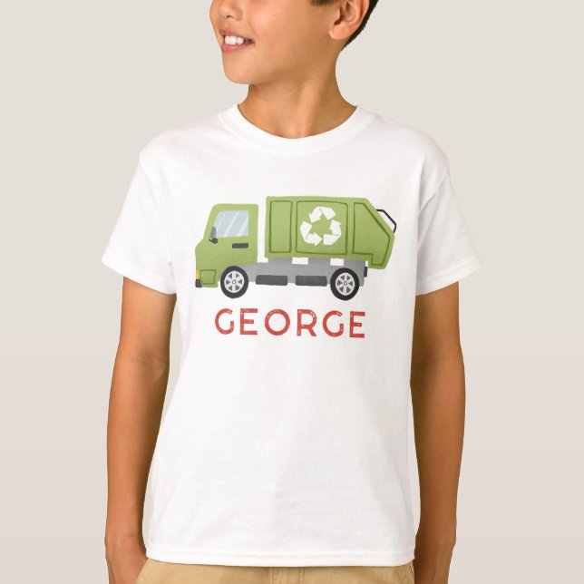 Boys Cool Green Garbage Trash Truck Transportation T Shirt (Framsida)