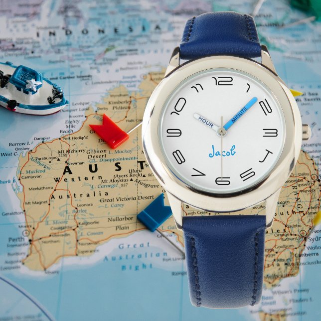 Boys Coola Modern Blue Snyggt Anpassade namnsökare Armbandsur (Boys Cool Modern Blue Stylish Custom Name Kids Watch)