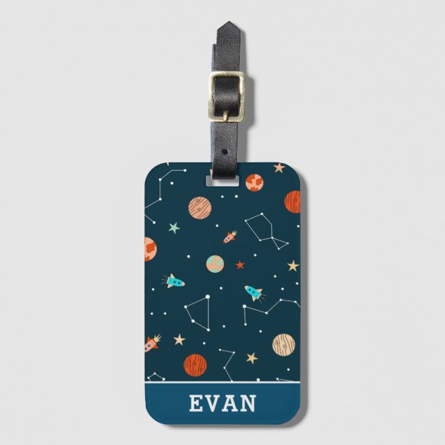 Boys Coola Rymden Planets Rockets & Namn Kids Bagagebricka (Framsida vertikal)