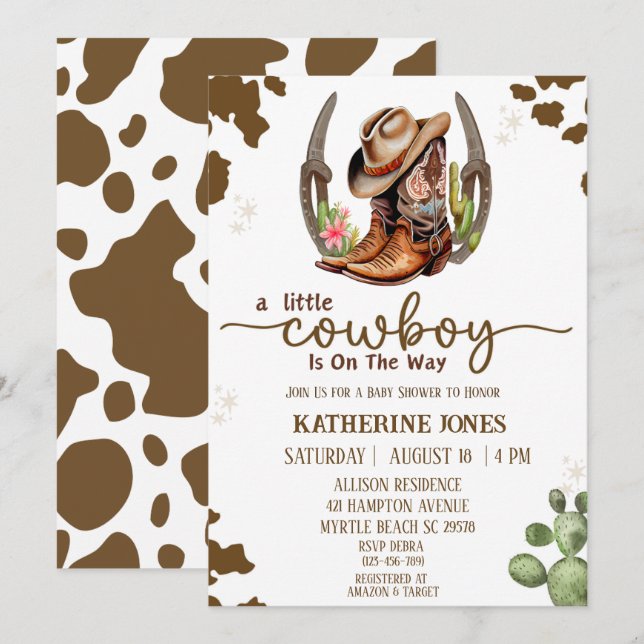 Boys Cowboy Cow Print Baby Shower Inbjudningar (Fram/baksida)