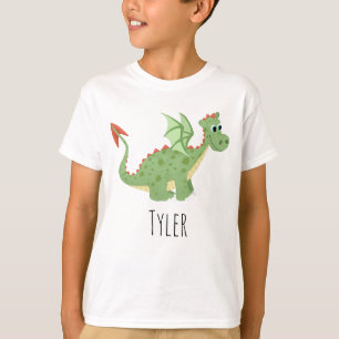 Boys Cute and Magic Grönt Dragon Tecknad & Namn T Shirt