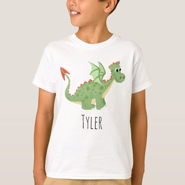 Boys Cute and Magic Grönt Dragon Tecknad & Namn T Shirt (Framsida)