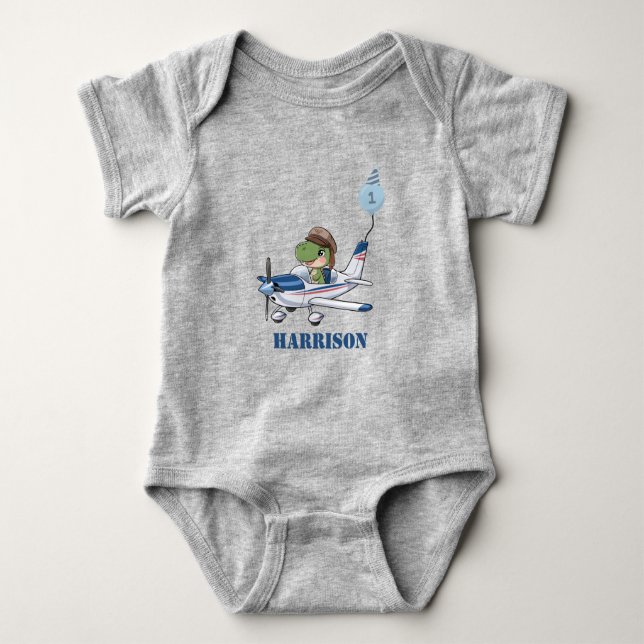 Boys Cute Blue Airplan Dinosaur Kids 1:a födelseda T Shirt (Framsida)