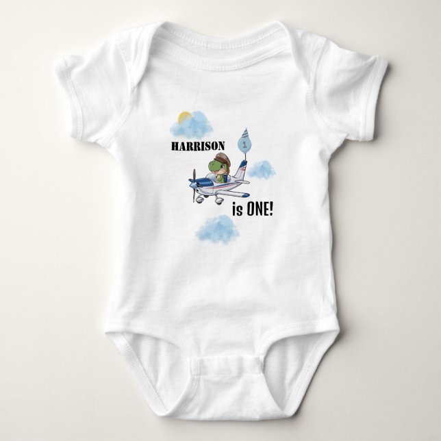Boys Cute Blue Airplan Dinosaur Kids 1:a födelseda T Shirt (Framsida)