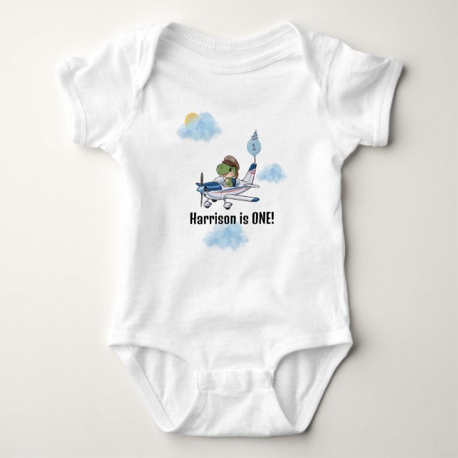 Boys Cute Blue Airplan Dinosaur Kids 1:a födelseda T Shirt (Framsida)
