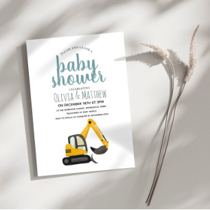 Boys Cute Blue Construction Digger Baby Shower Inbjudningar