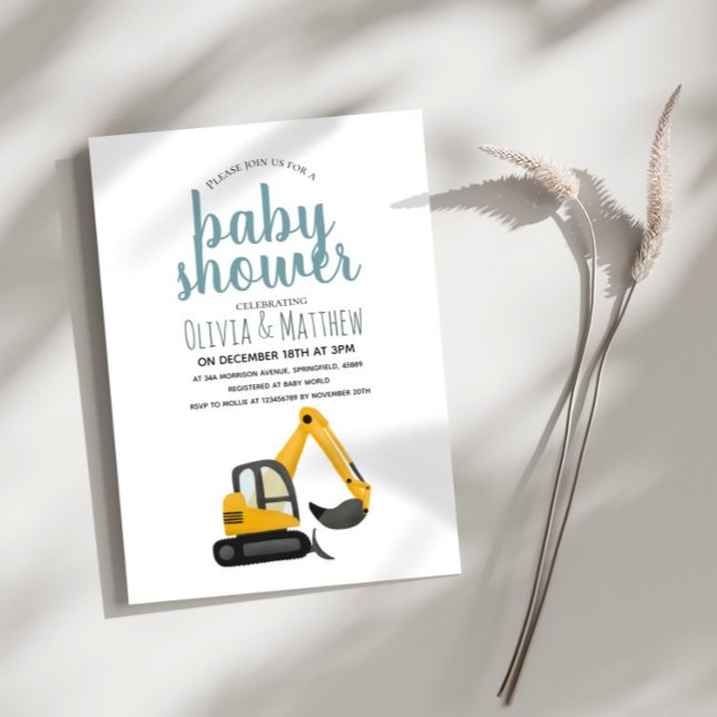 Boys Cute Blue Construction Digger Baby Shower Inbjudningar (Skapare uppladdad)