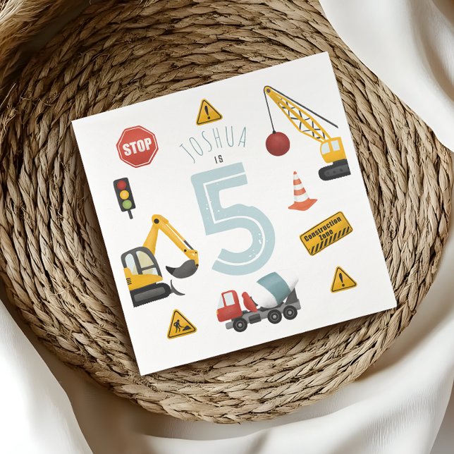 Boys Cute Blue Construction Kids 5:e födelsedagen Pappersservett (Skapare uppladdad)