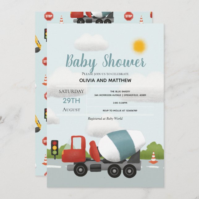Boys Cute Blue Construction Transport Baby Shower Inbjudningar (Fram/baksida)