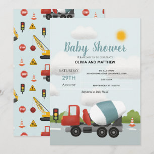Boys Cute Blue Construction Transport Baby Shower Inbjudningar